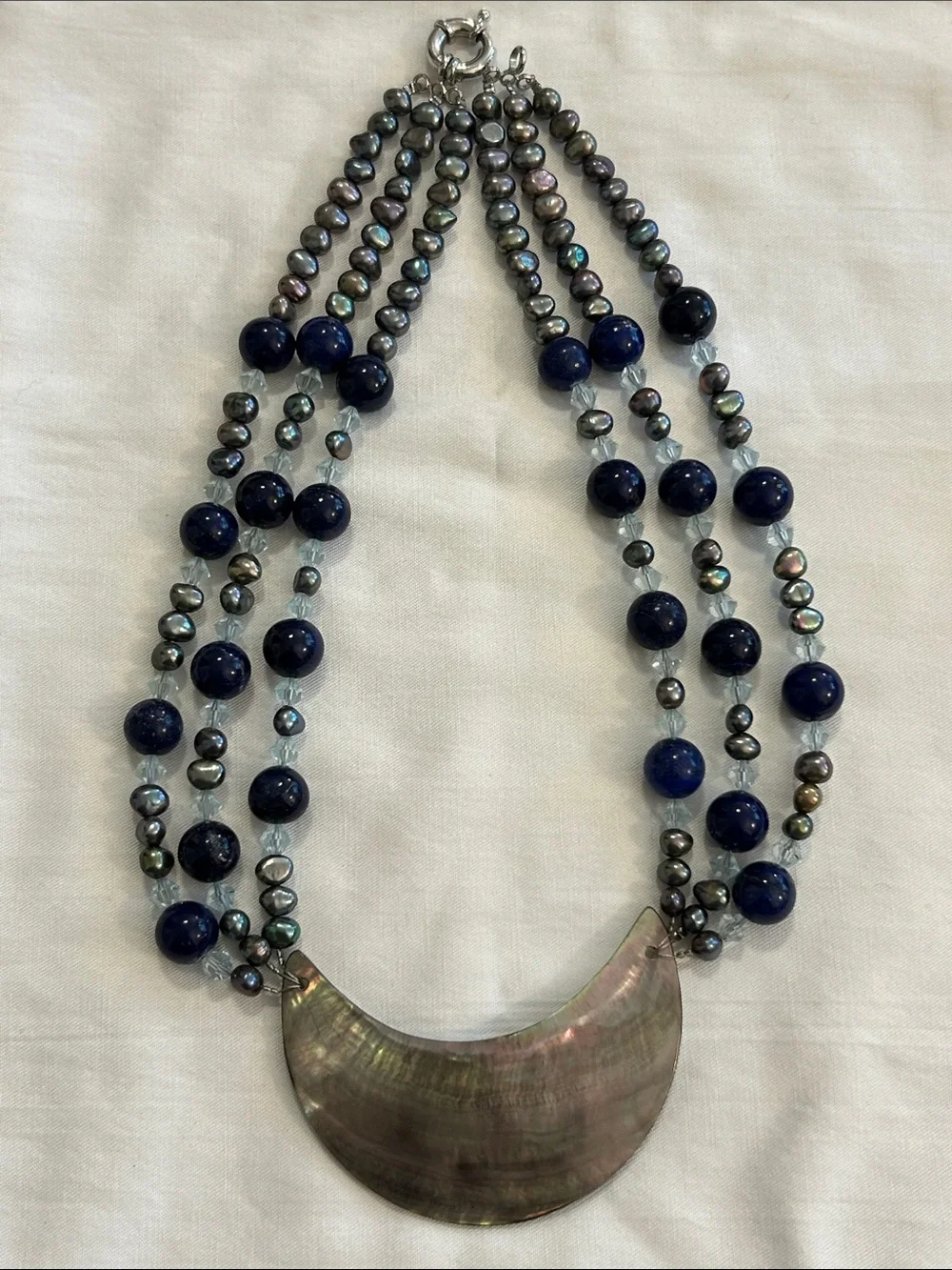 Multi-Strand Lapis Lazuli, Peacock Pearl Bead Necklace with Abalone Pendant